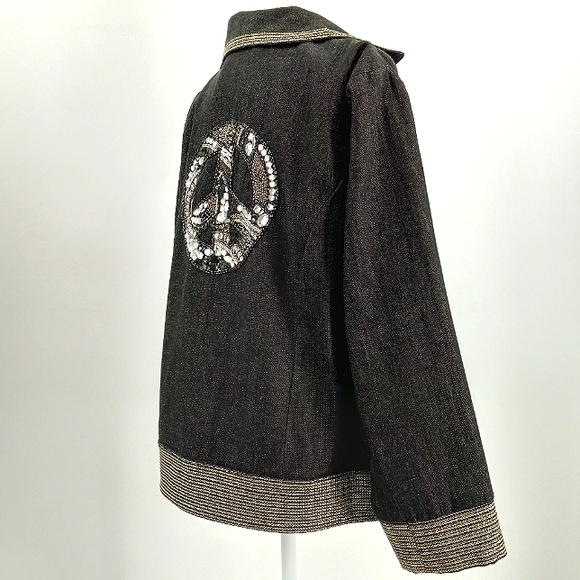 VINTAGE Bleu Bayou Denim Jacket XL Bead, Crystal & Sequin Embellished Peace Sign - Picture 11 of 17